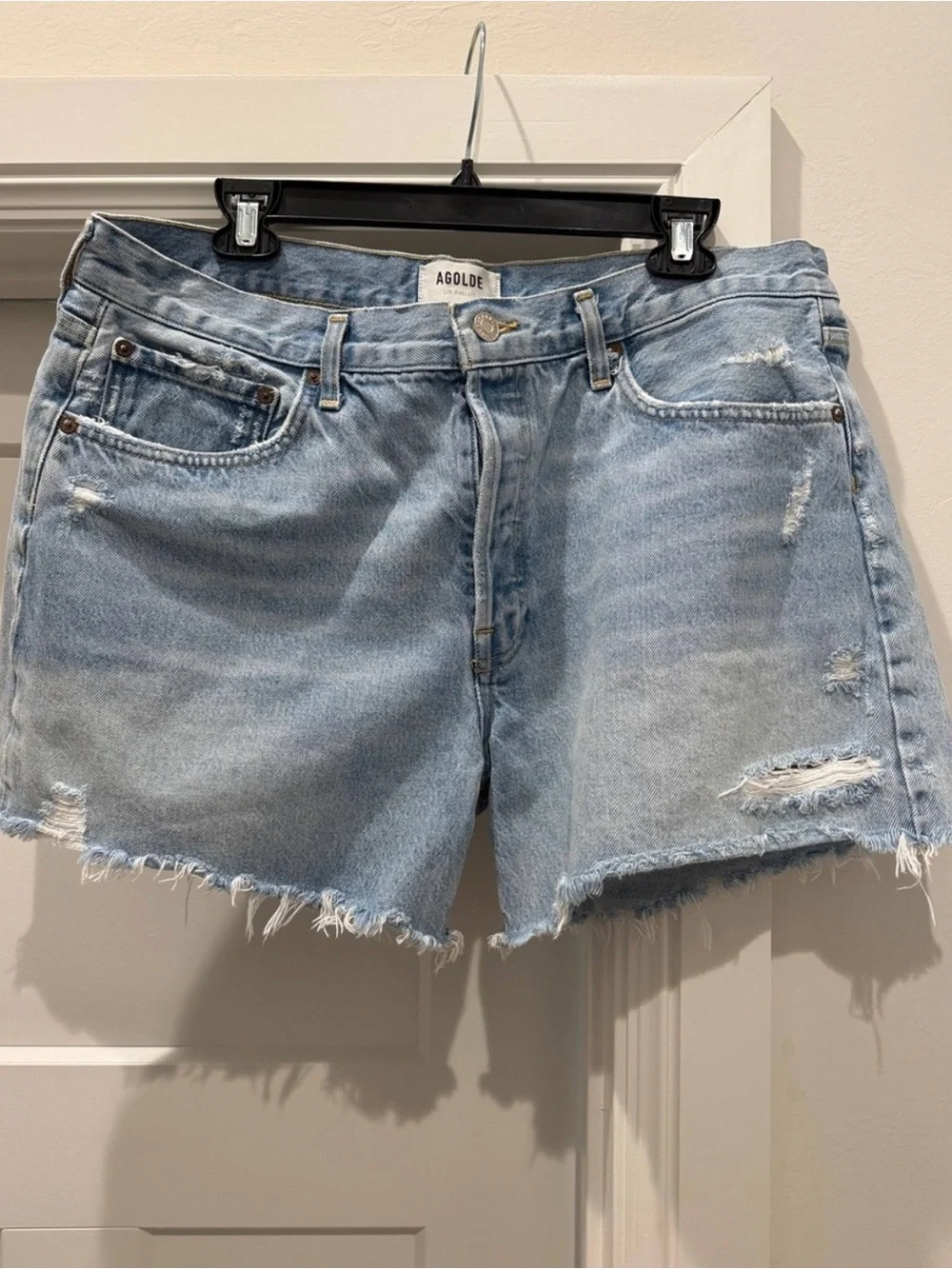 Agolde Parker long Light Blue Frayed Hem Denim Shorts